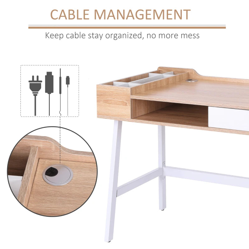 Oak and White Computer Writing Desk with Drawer and Storage Compartments