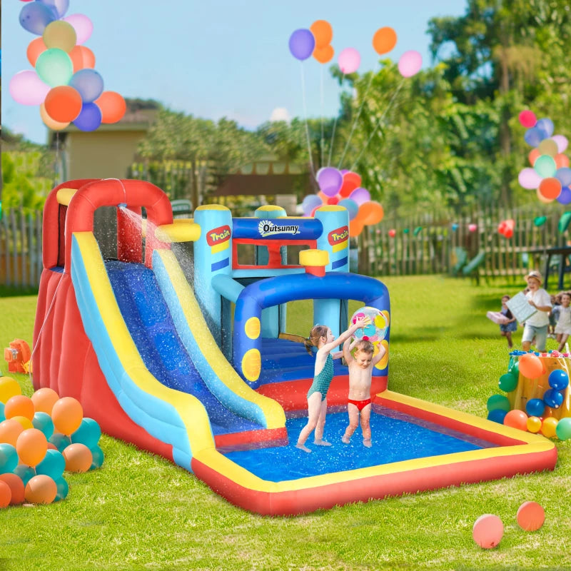 4-in-1 Multicoloured Bouncy Castle with Slide, Pool, Trampoline, Climbing Wall & Blower