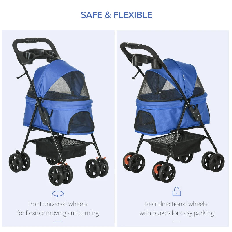 Blue Dog Stroller with Rain Cover and Safety Features