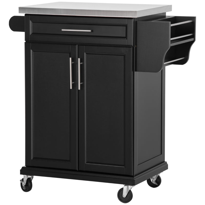 Black Wooden Kitchen Island Cart with Stainless Steel Top and Storage