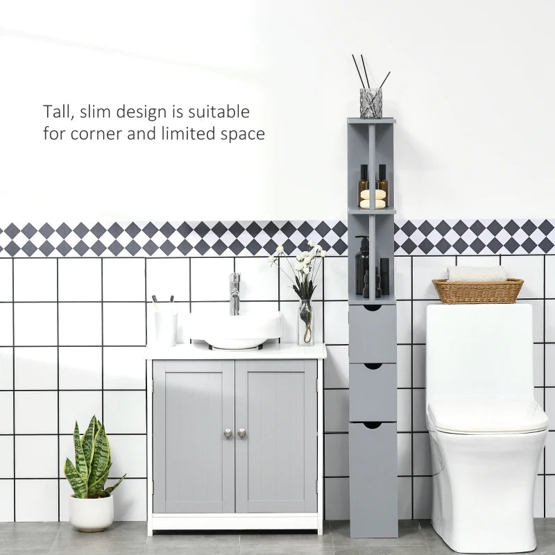 Grey Tall Bathroom Storage Cabinet with Shelves and Drawers