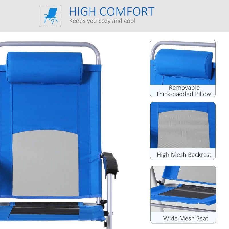 Blue Folding Camping Chair with Adjustable Recliner and Pillow