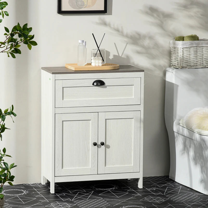 White Bathroom Storage Cabinet with Drawer and Double Doors