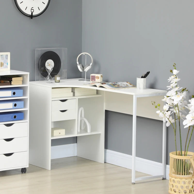 White L-Shaped Computer Desk with Drawers and Storage Compartments