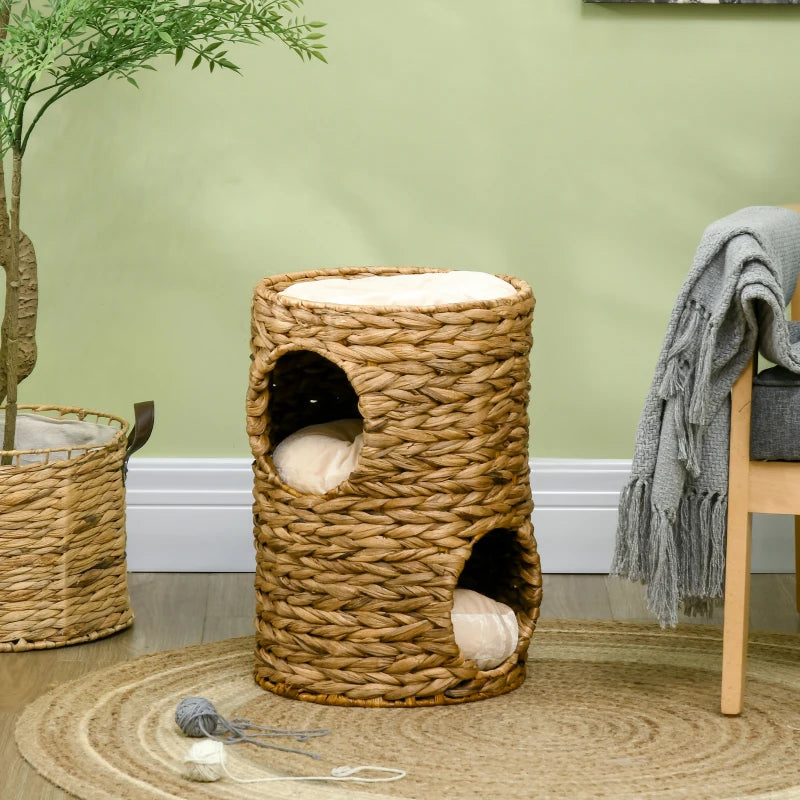 Cat Barrel Tree with 2 Houses & Cushion - Light Brown