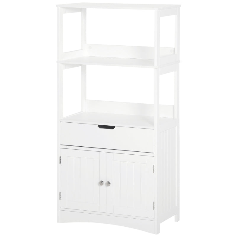 White Bathroom Floor Cabinet with Shelves, Drawer, and Doors