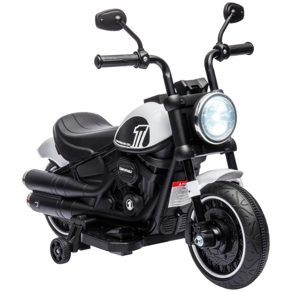 White 6V Electric Motorbike with Training Wheels, One-Button Start