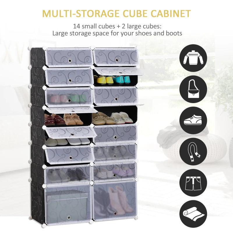Modular 16-Cube Shoe Rack, 2 x 8 Tier Storage Cabinet, White & Black