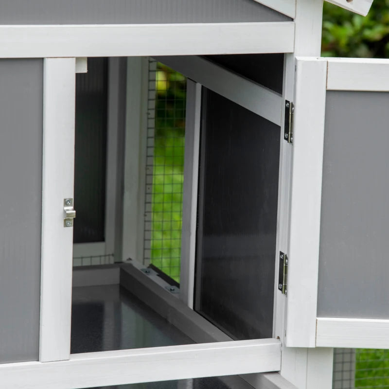 Grey Two-Tier Rabbit Hutch with Sunlight Panel Roof & Slide-Out Tray