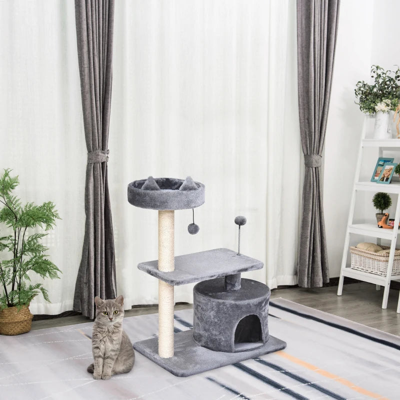 Grey Cat Tree Condo with Scratching Post and Perch, 60x40x81 cm