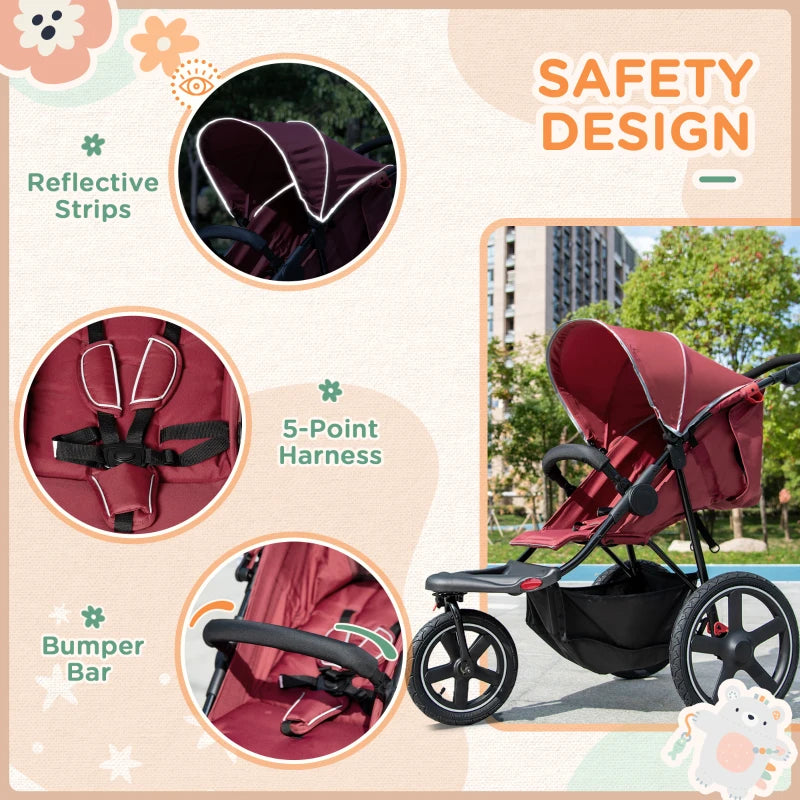 Red Foldable 3-Wheel Baby Stroller with Canopy and Storage Basket