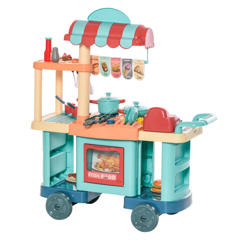 Kids Fast Food Trolley Cart Playset - Blue Pretend Play Kitchen Set