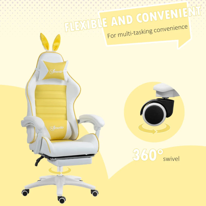 Yellow Racing Gaming Chair with Rabbit Ears & Footrest