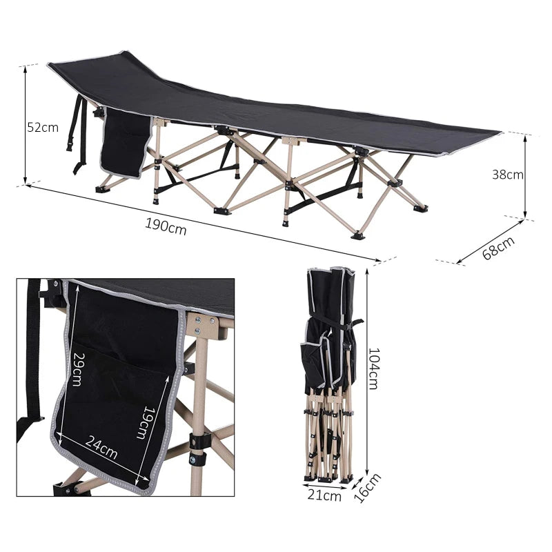 Portable Black Camping Cot with Side Pocket and Carry Bag