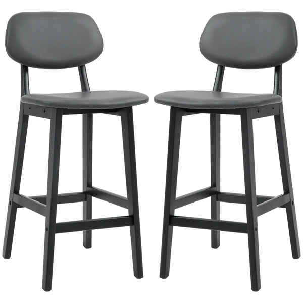 Dark Grey Faux Leather Bar Stools Set of 2 with Backs and Wooden Legs