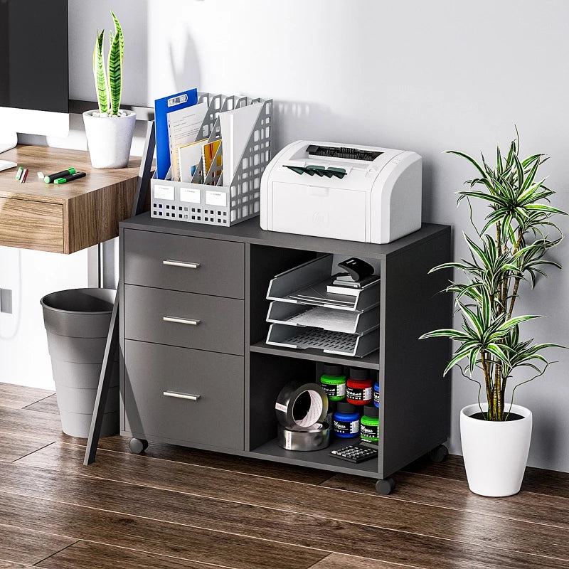 Grey Mobile Printer Stand with 3 Drawers and 2 Shelves - Modern Office Storage