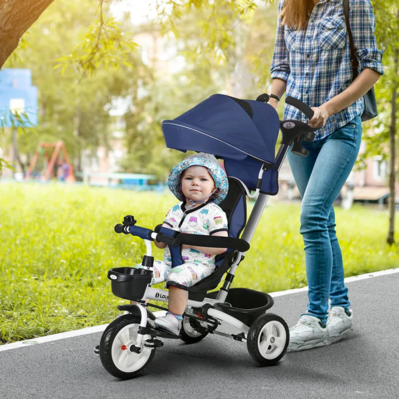 Dark Blue 6-in-1 Baby Push Tricycle with Parent Handle - Ages 1-5