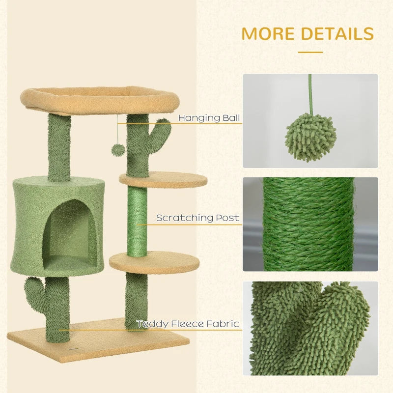 Green Cactus Cat Tree with Teddy Fleece House & Scratching Posts