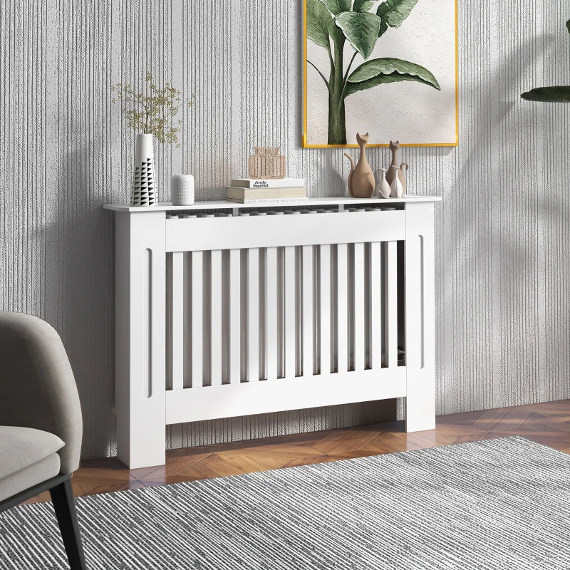 White Slatted Radiator Cover Cabinet - MDF Grill (112 x 19 x 81 cm)