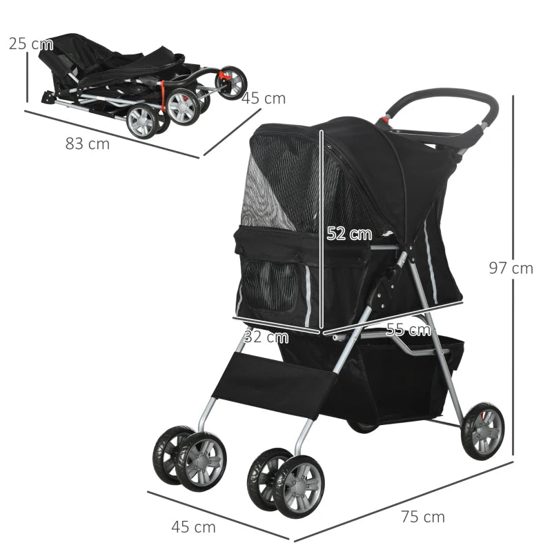 Black Pet Stroller for Small Pets - Foldable Travel Carriage with Wheels