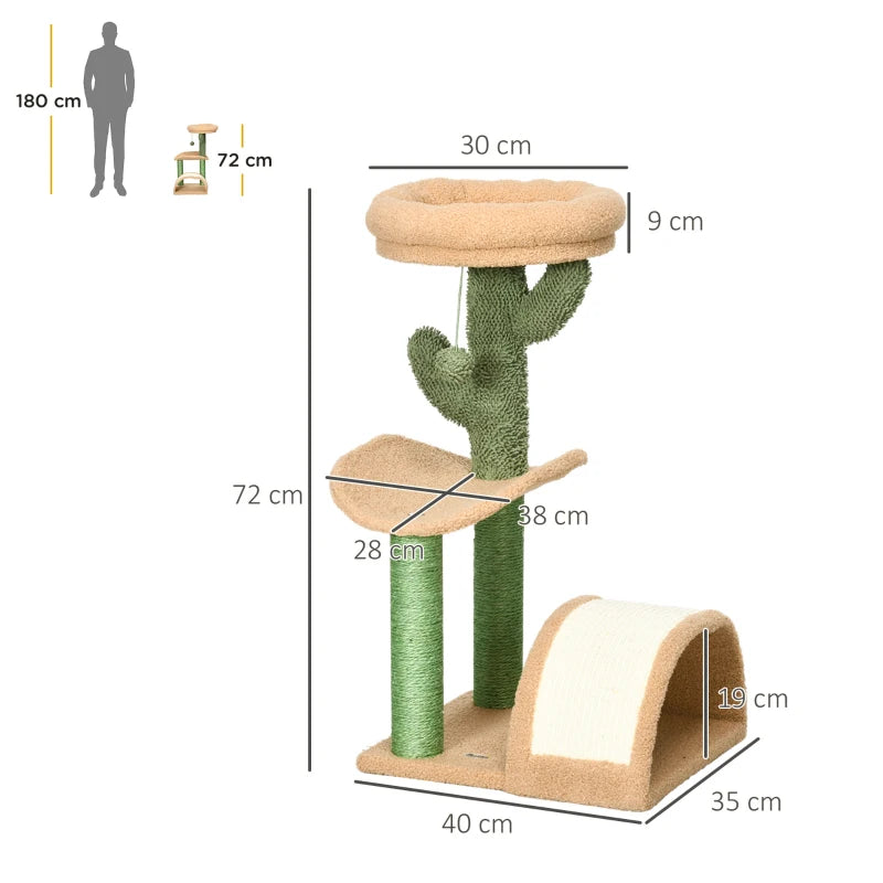 72cm Cat Tree with Top Bed, Curved Pad, Sisal Scratching Post - Beige & Green