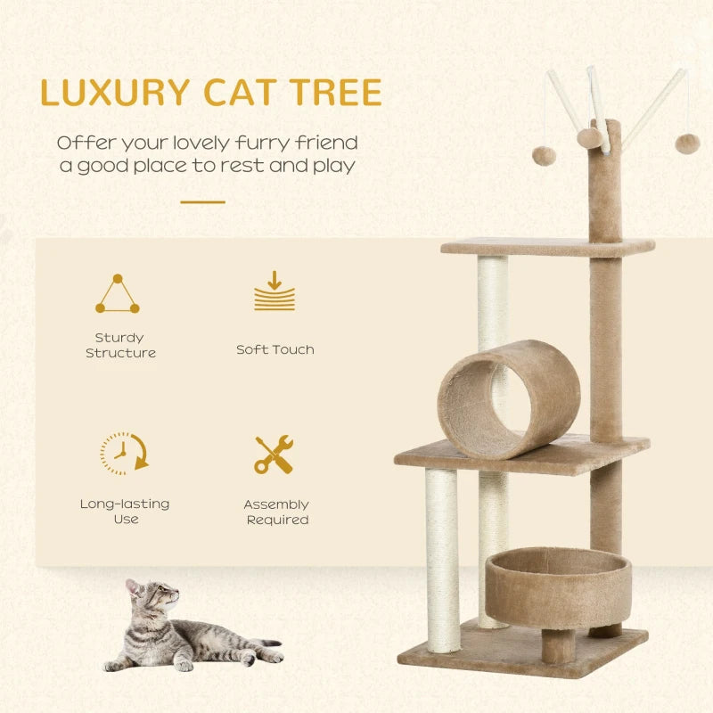 Brown Cat Tree Tower with Scratching Post & Toys - 121cm