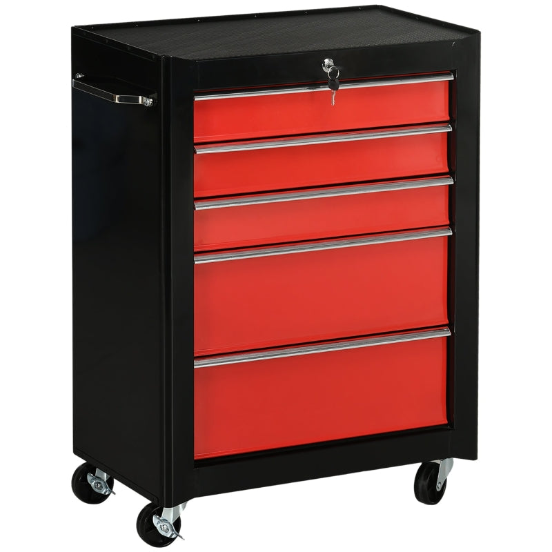 Red 5-Drawer Lockable Steel Tool Chest with Wheels and Handle