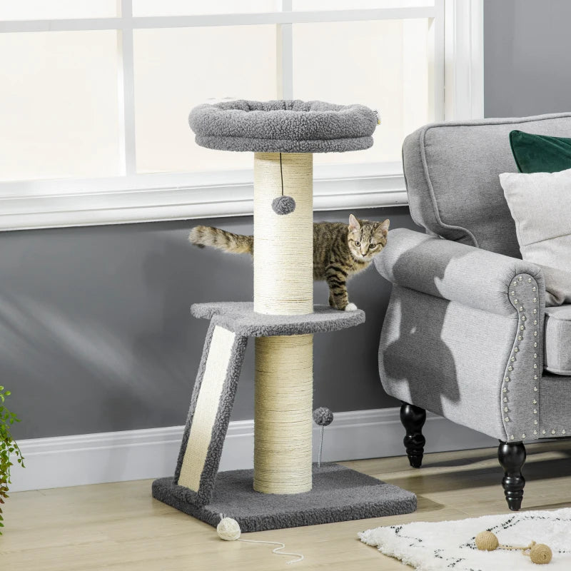 Cat Tree Tower with Scratching Posts and Toy Ball - Dark Grey