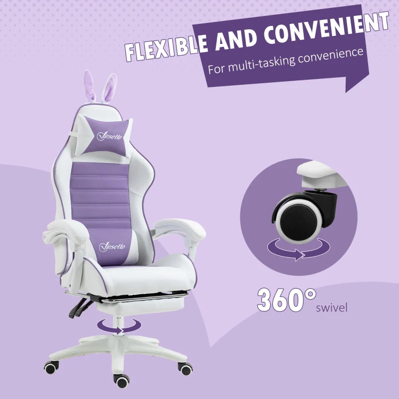 Purple Gaming Chair with Rabbit Ears, Footrest & Support
