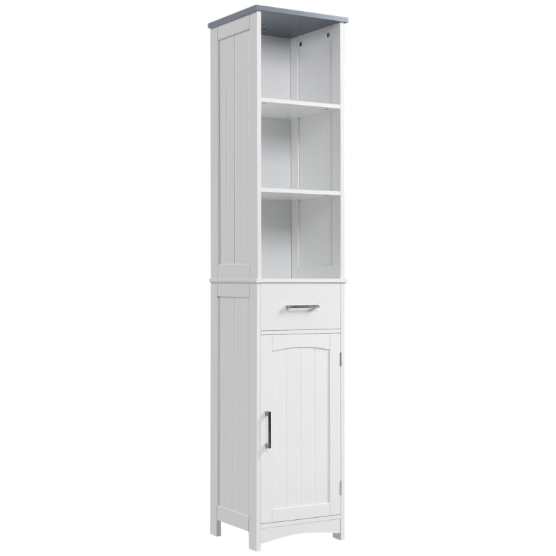 White Tall Bathroom Storage Cabinet with 3 Tier Shelf & Drawer