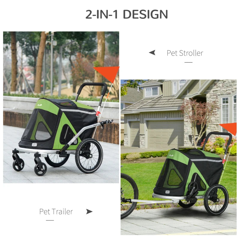 Green 2-in-1 Aluminium Dog Bike Trailer & Pet Stroller for Medium Dogs