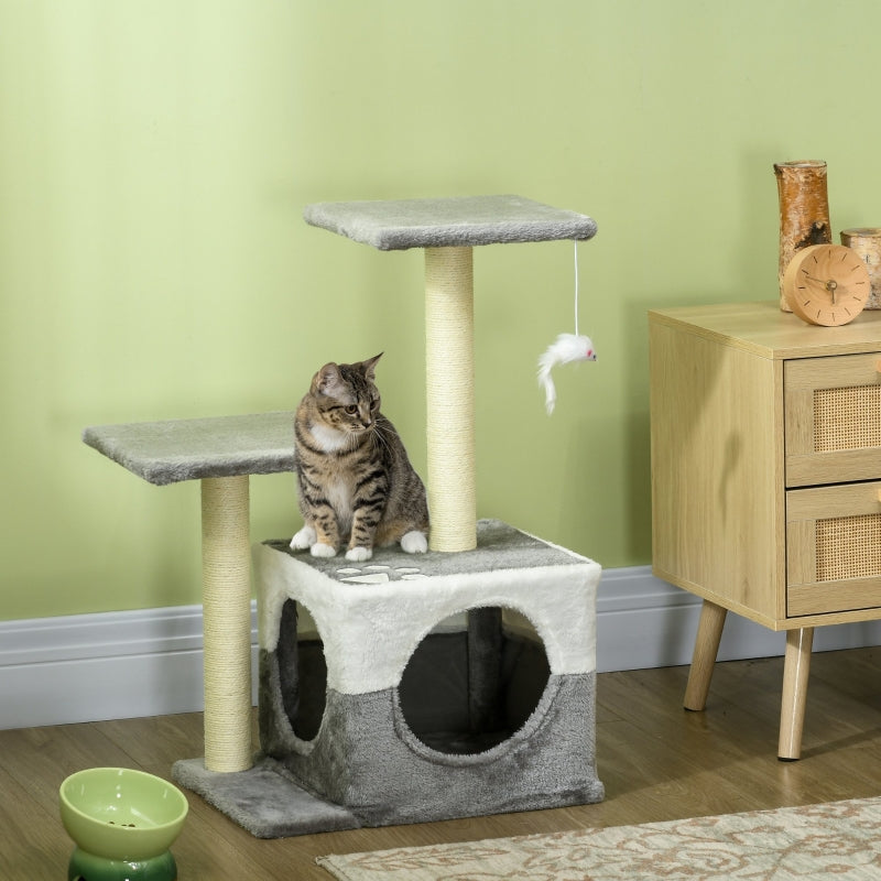 Grey Cat Tree with Scratching Posts, House, Perches & Toy Mouse