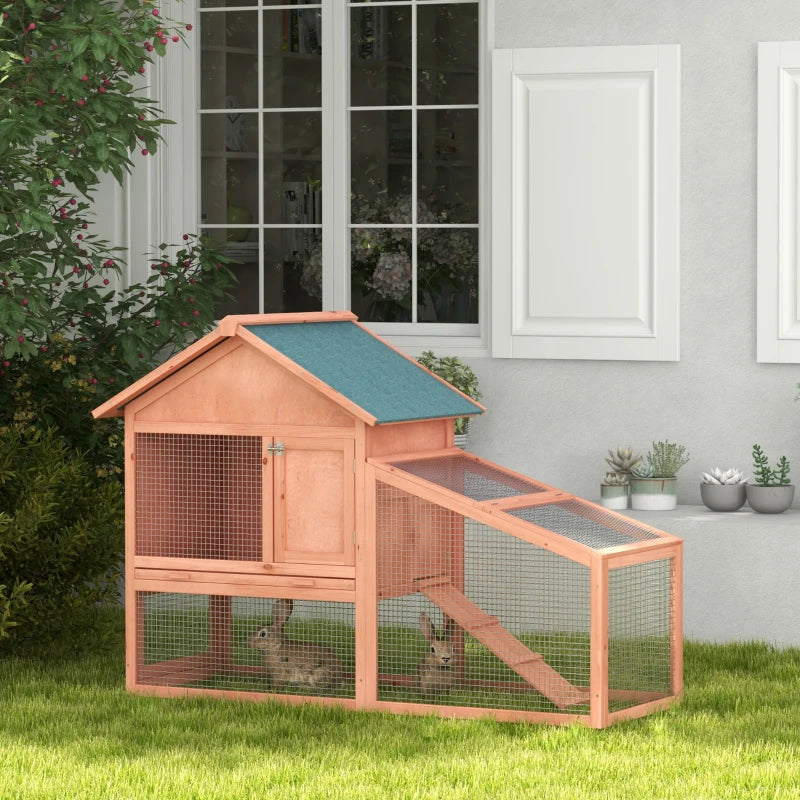 Wooden Outdoor Rabbit Hutch with Ramp and Sliding Tray - Brown - 144 x 64.5 x 100 cm