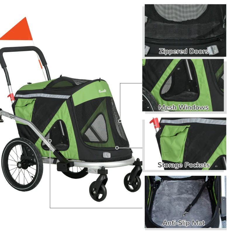 Green 2-in-1 Aluminium Dog Bike Trailer & Pet Stroller for Medium Dogs