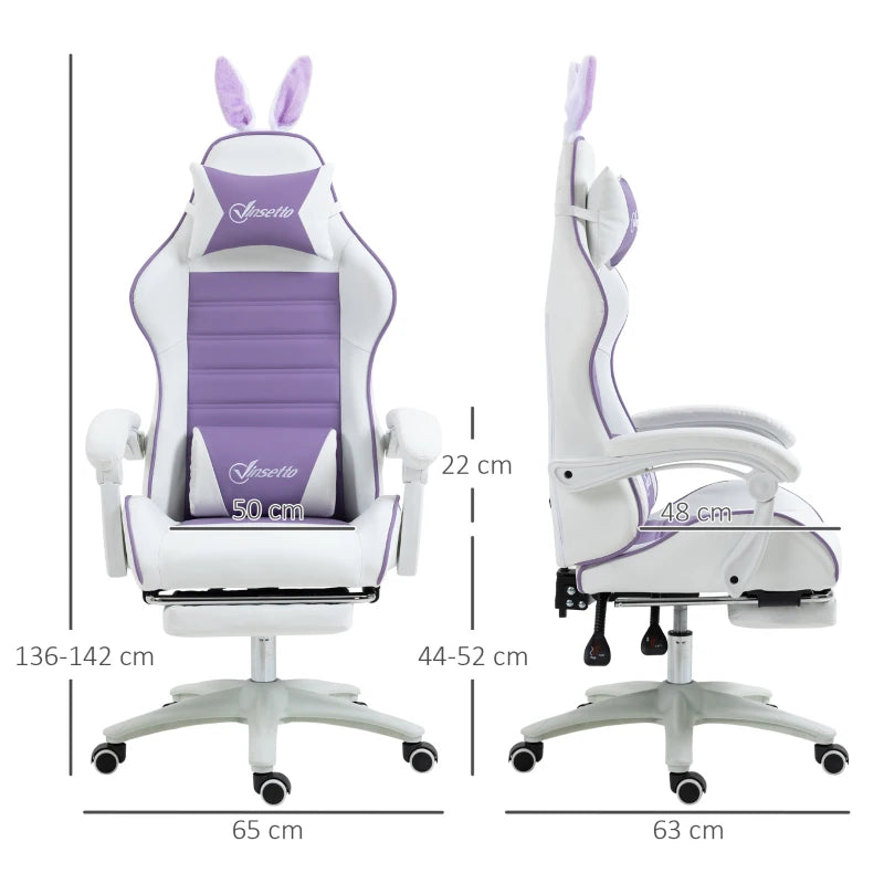 Purple Gaming Chair with Rabbit Ears, Footrest & Support