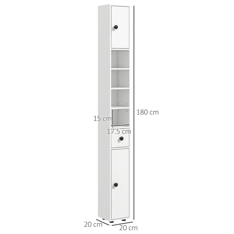 White 180cm Tall Slim Bathroom Storage Cabinet with Shelves