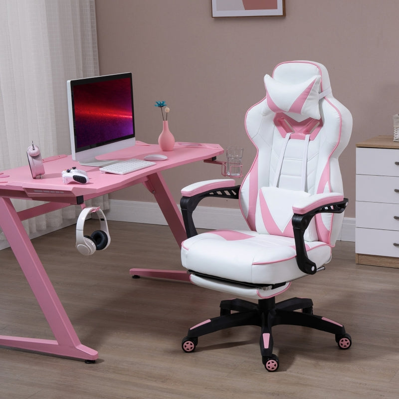 Pink Gaming Chair with Lumbar Support, Footrest, and Headrest