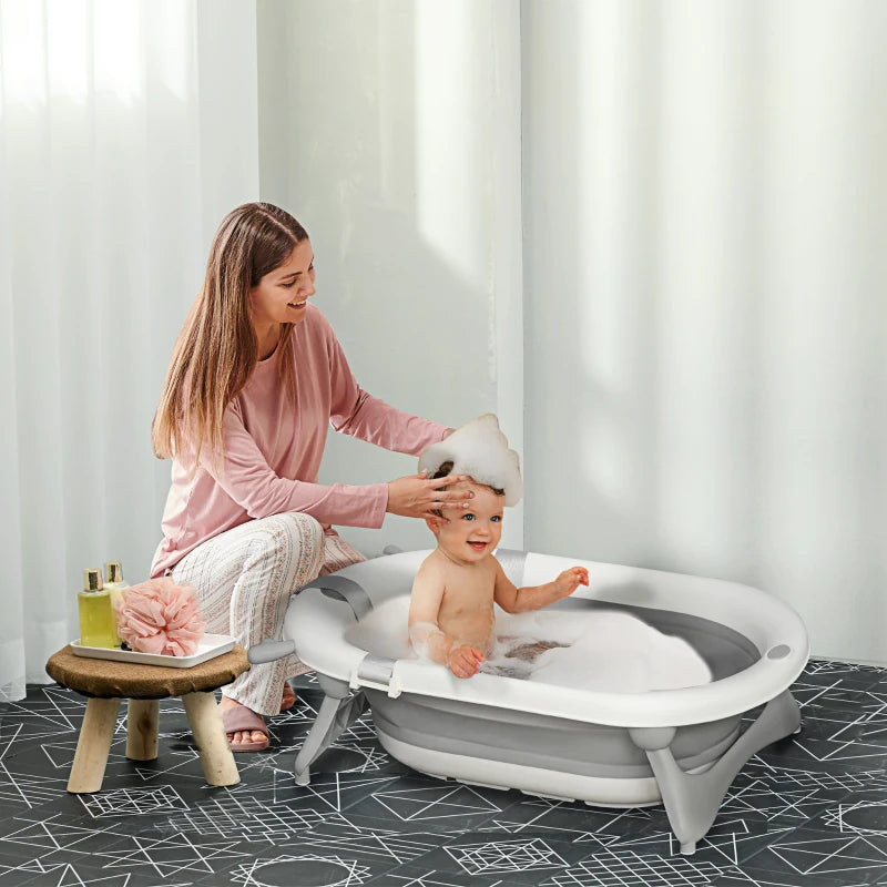 Foldable Baby Bathtub Set - Offwhite, Thermostatic Water Plug, Non-Slip Support, Cushion Pad