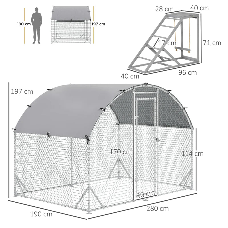 Metal Walk-In Chicken Run with Cover, Outdoor Poultry House, 2.8 x 1.9 x 2m, Grey