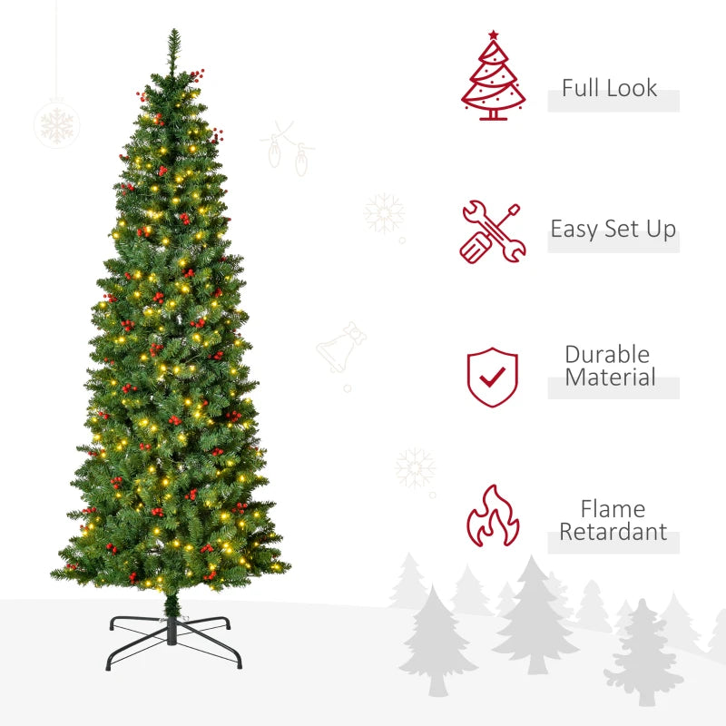 7FT Pre-lit Green Pencil Christmas Tree with Warm White LED Lights and Red Berries