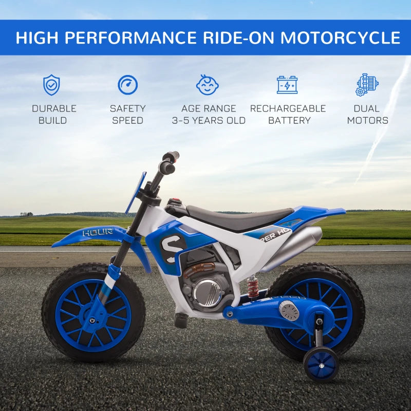 Blue Kids Electric Motorcycle Ride-On with Training Wheels, Ages 3-6