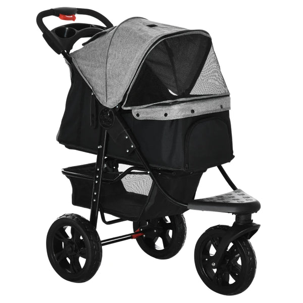 Grey Pet Stroller with Canopy & Storage for Small Pets