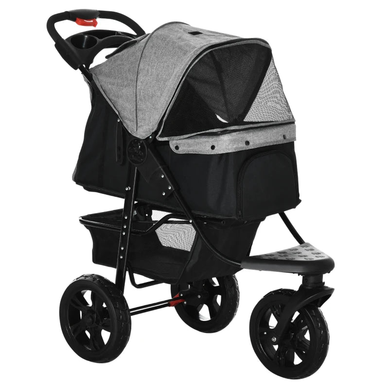 Grey Pet Stroller with Canopy & Storage for Small Pets