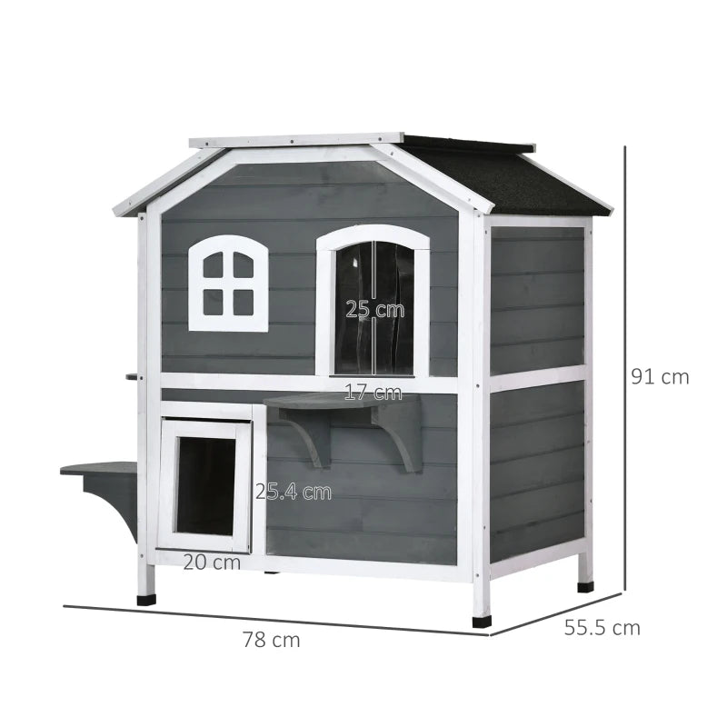 Grey 2-Story Weatherproof Wooden Cat Enclosure with Escape Door