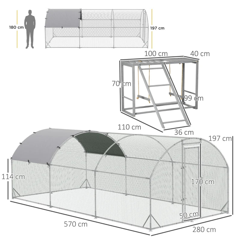 Large Chicken Run with Activity Shelf and Cover, 2.8 x 5.7 x 2m, Green