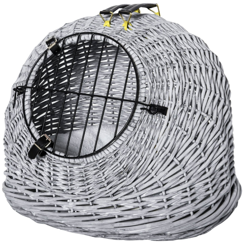 Grey Wicker Pet Carrier Basket with Soft Cushion Handle - 50 x 40 x 40 cm