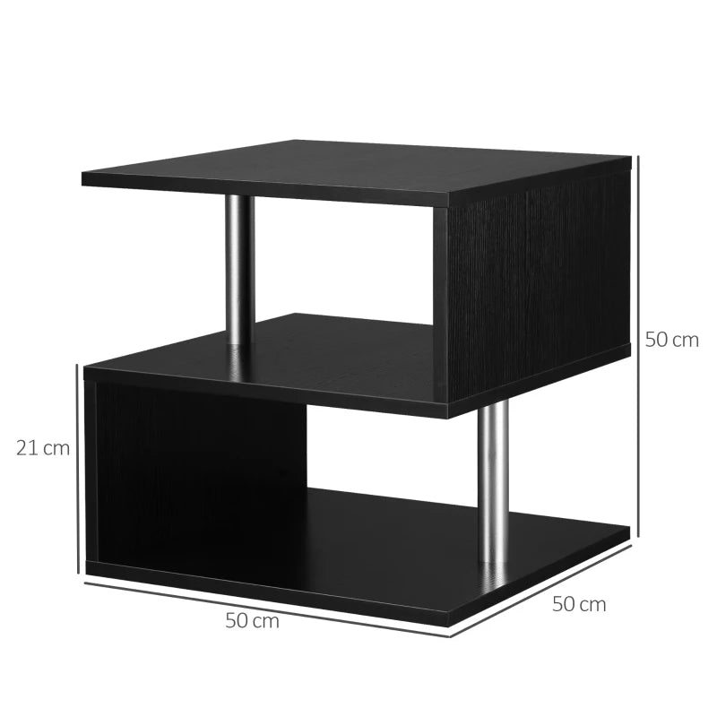 Black Wooden S-Shaped Coffee Table with 2-Tier Storage Shelves