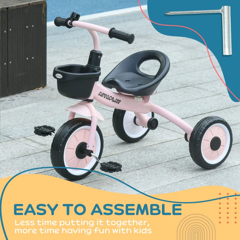 Kids Pink Trike with Adjustable Seat, Basket & Bell - Ages 2-5