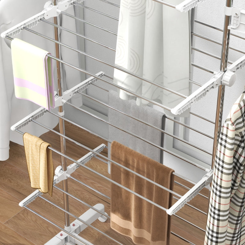 White 4-Shelf Folding Clothes Drying Rack with Side Arms and Wheels