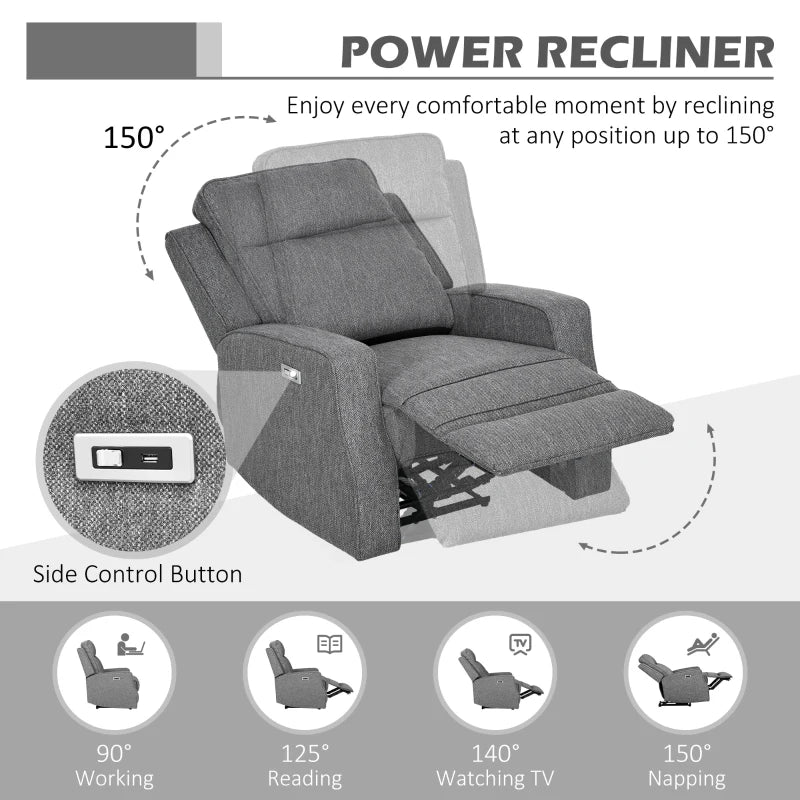 Electric Reclining Chair with USB Port and Footrest - Charcoal Grey